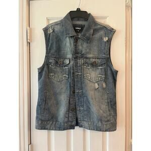 Carbon Women Large Blue Distressed Denim Vest Sleeveless Y2K Grunge Biker Summer